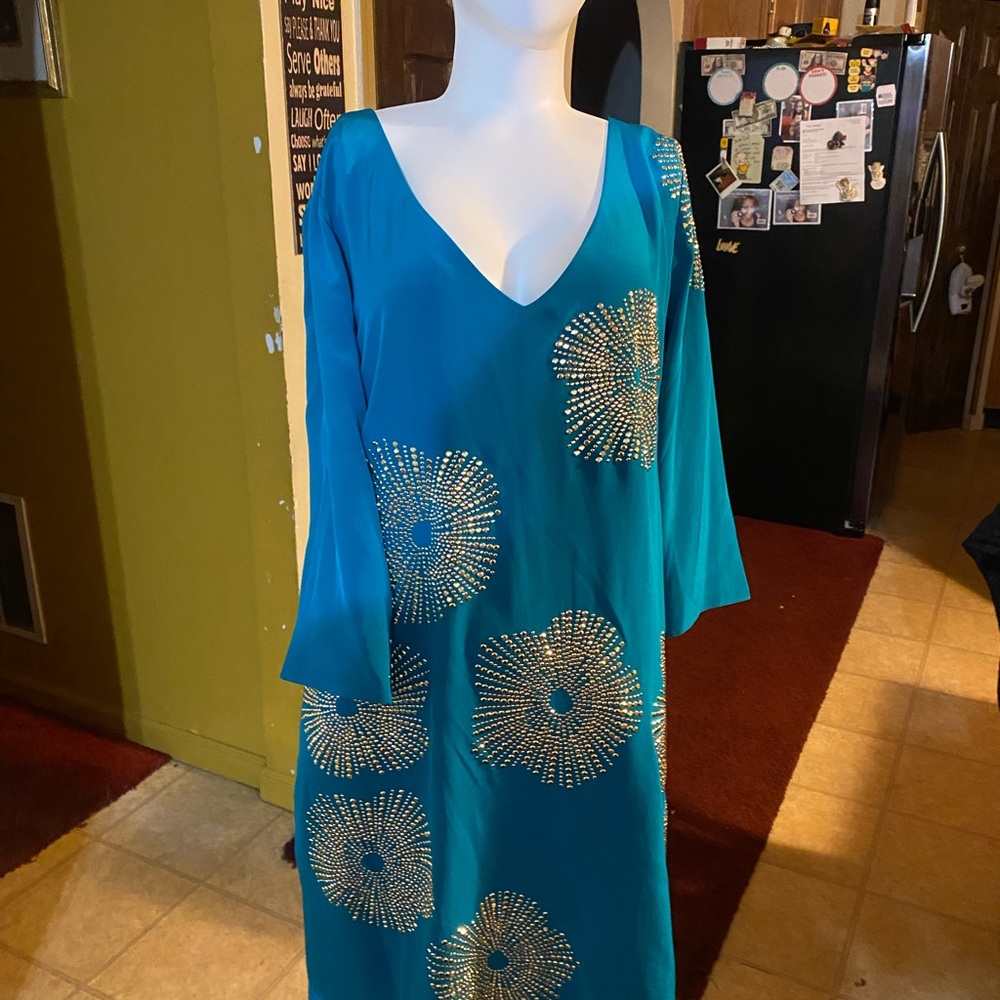 Trina Turk Teal Midi Dress with White Floral Accents